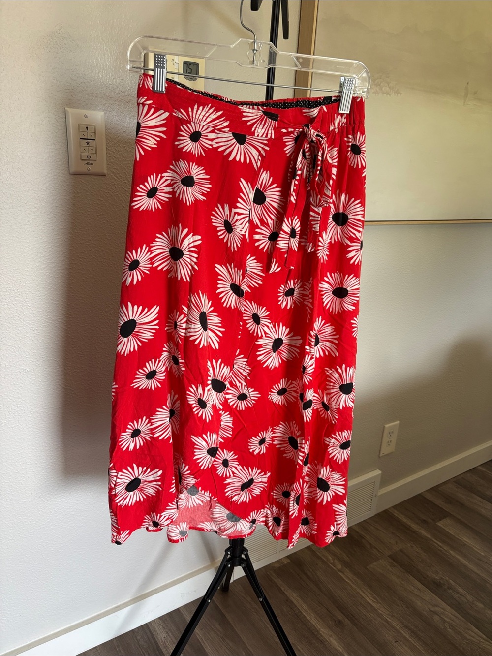 Red Floral Midi Skirt with Side Tie